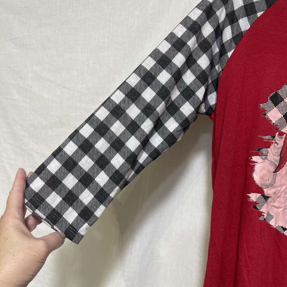 Christmas Top 3/4 Raglan Sleeve T-shirt Womens Size Small Merry Christmas Red - Picture 4 of 6